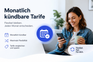 Junge Frau nutzt ihr Smartphone und vergleicht monatlich kündbare Mobilfunktarife mit flexibler Laufzeit.