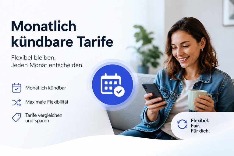 Junge Frau nutzt ihr Smartphone und vergleicht monatlich kündbare Mobilfunktarife mit flexibler Laufzeit.